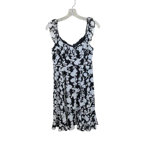 Ann Taylor Loft Womens Black White Floral Sleeveless Mini Dress Size 2 Ruffle - Picture 1 of 4